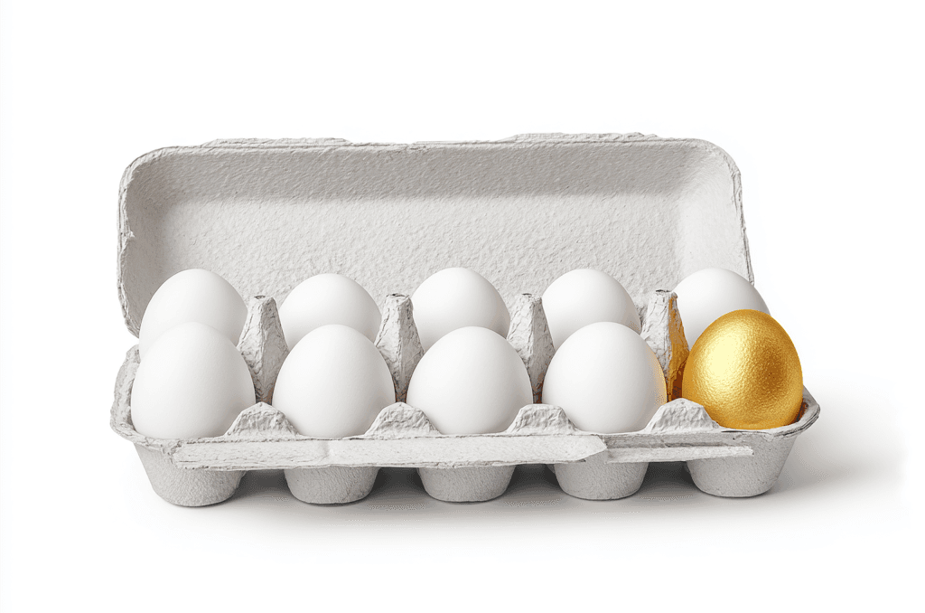 Carton of eggs with one golden egg, representing finding a deal