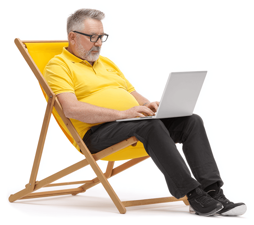 Man sitting in a deck chair listing a business on a laptop